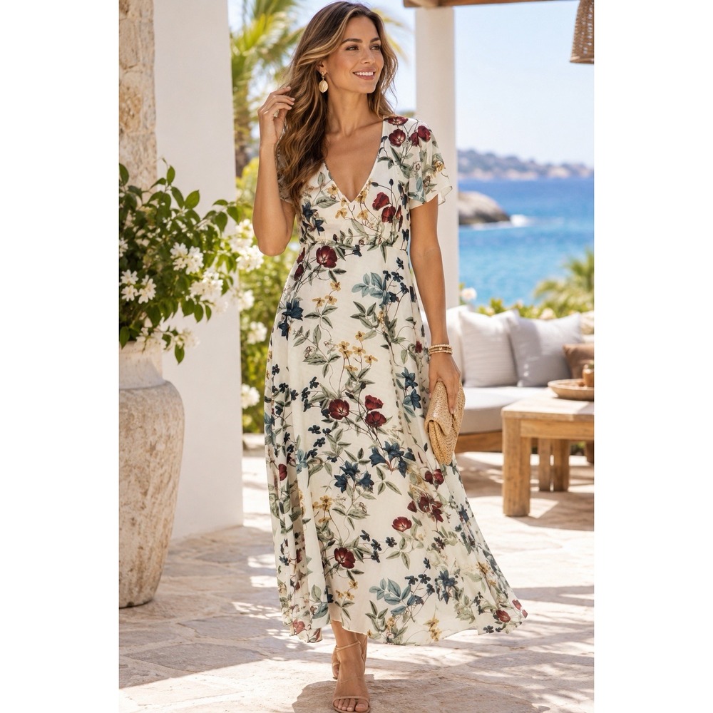 Anthropologie Willow & Clay Midi Dress  XS Ivory Floral Deep V Fairy Cottagecore